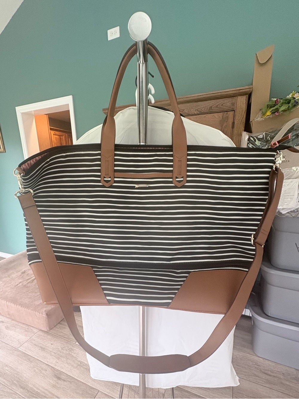 Stella & Dot Striped Black & White Weekender Tote with Brown Trim